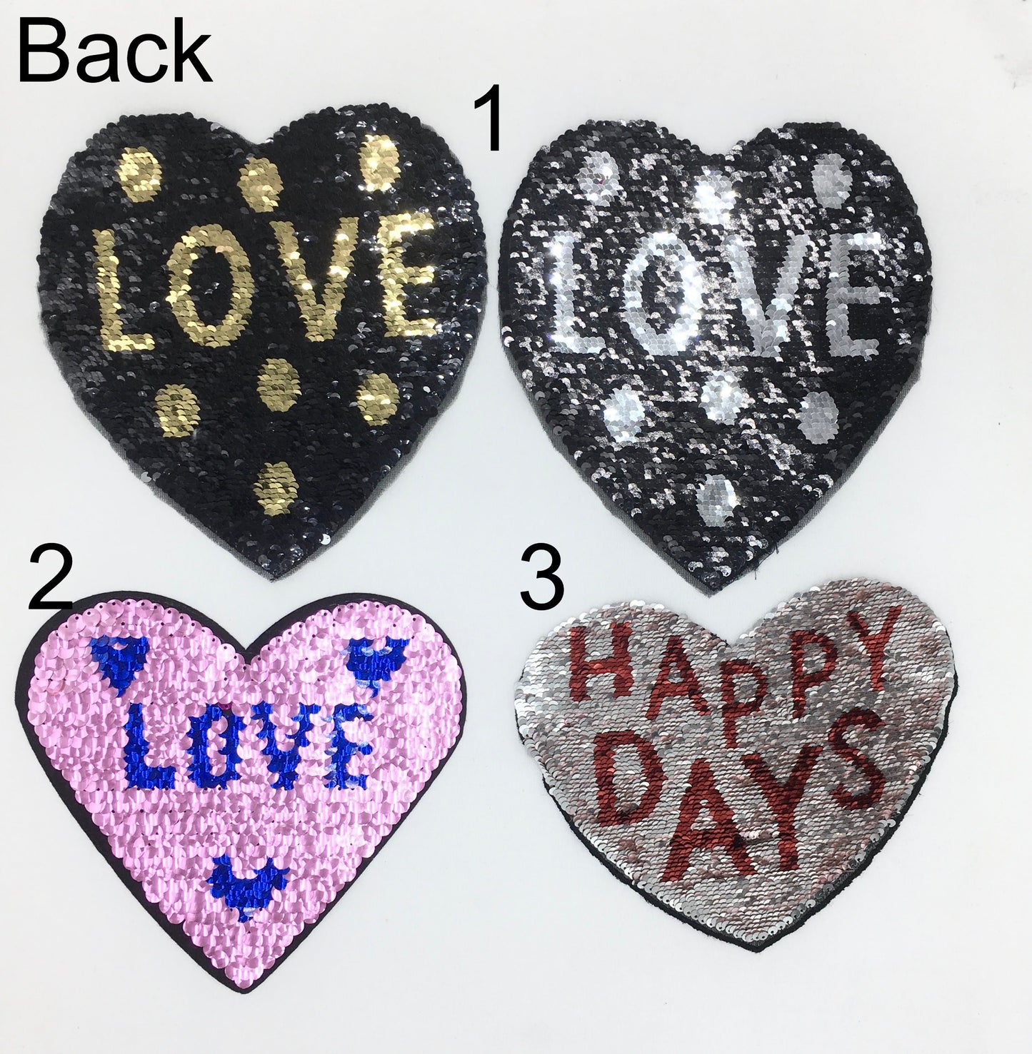 Sequin Heart LOVE and Happy Days Patches - Ships from USA