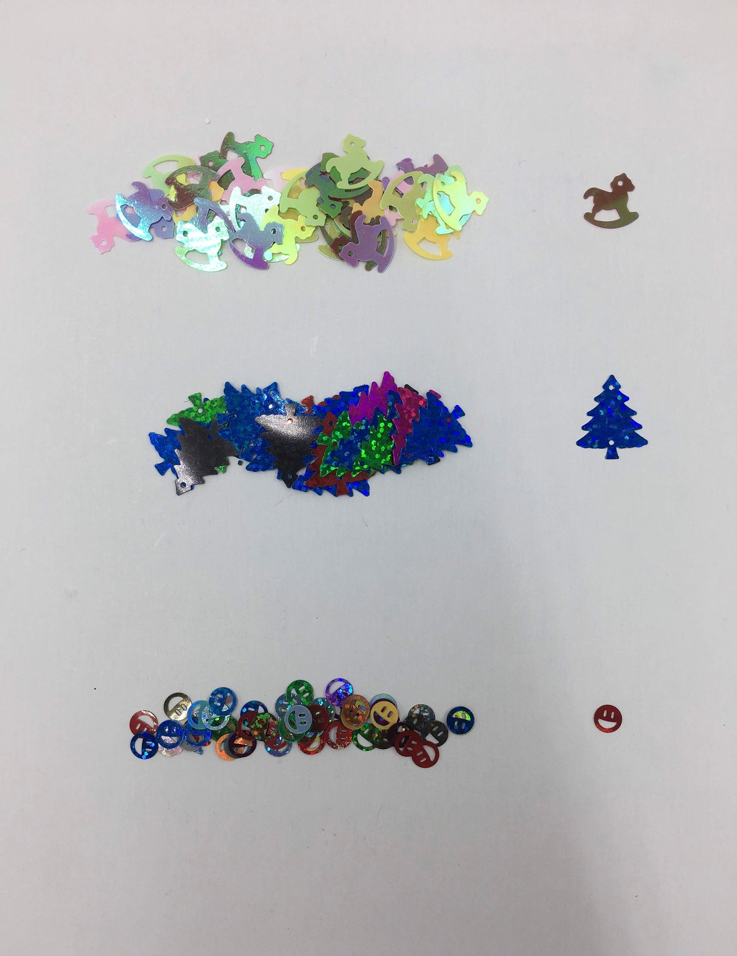 Holographic and Iridescent Loose Christmas Tree, Rocking Horse and Smiley Face Sequins
