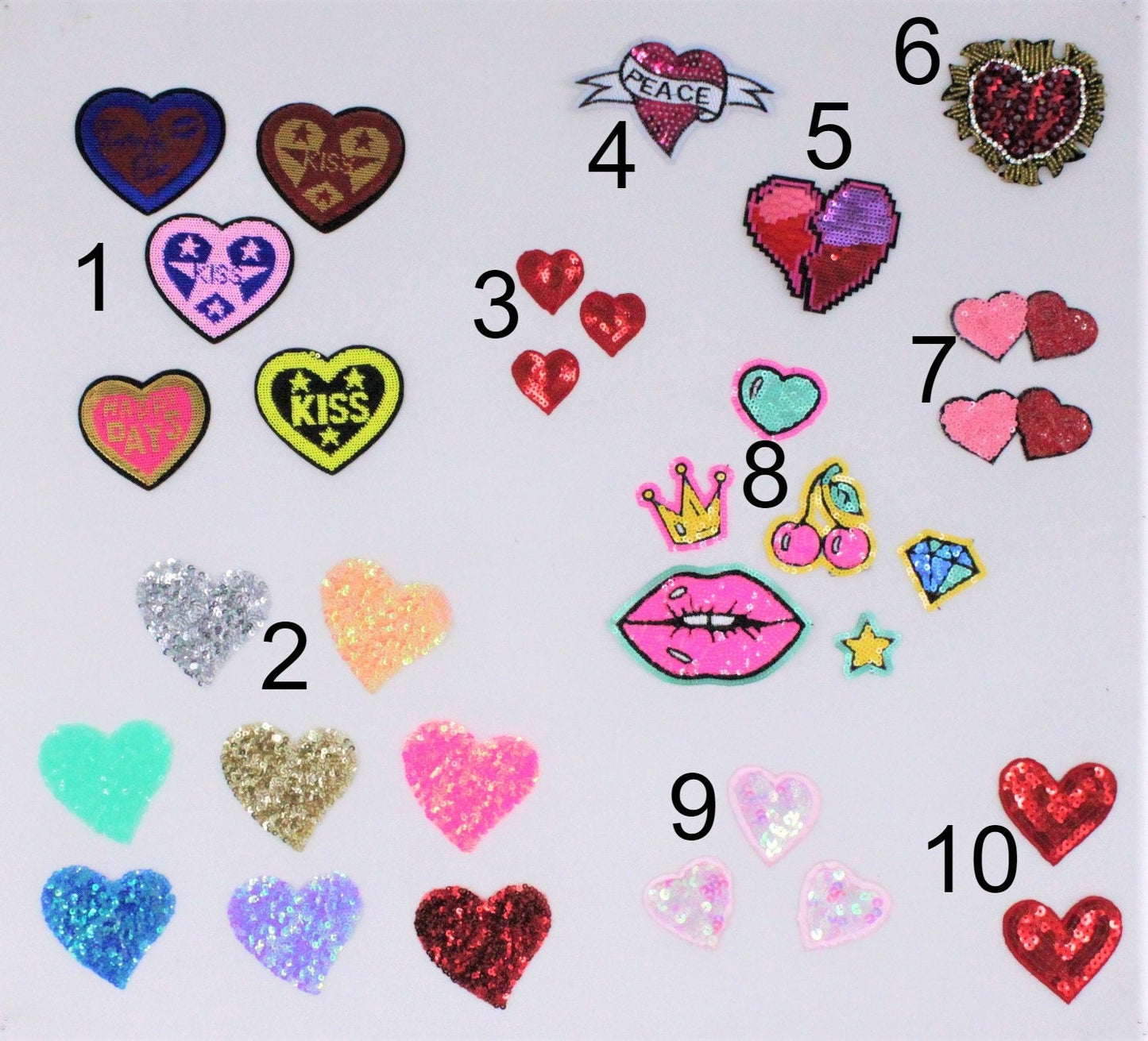 Various Textured Sequin and Embroidery Heart Patches - Ships from USA