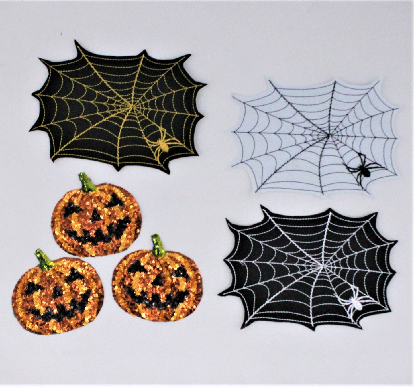 Embroidery and Sequin Pumpkins and Black, Gold and White Spider in Spider Web Patches for Halloween - Ships from USA