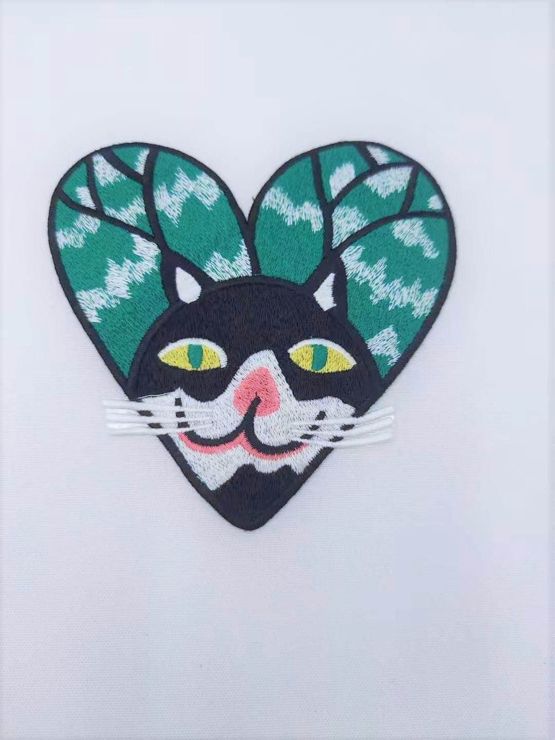 Embroidery Black Cat with Green Eyes with a Heart Patches - Ships from USA
