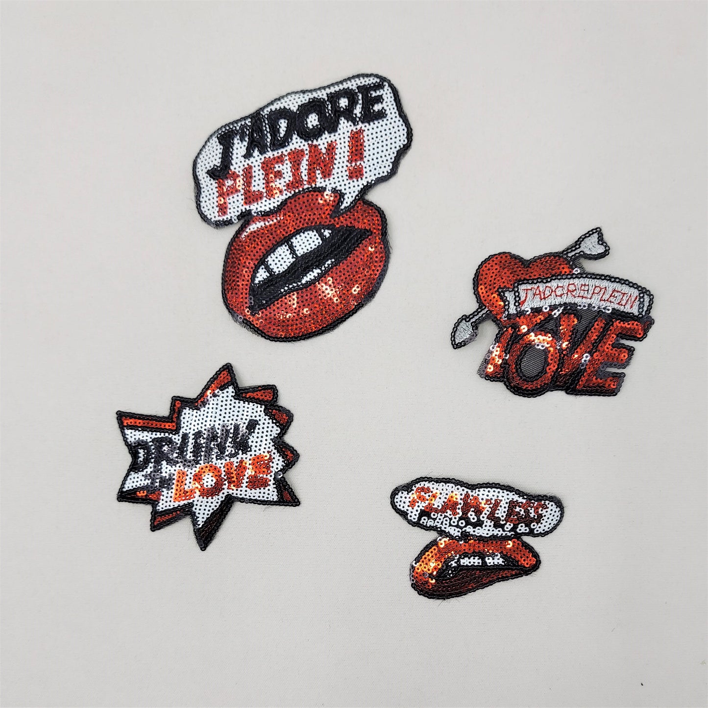 Sequin Red and Black J'adore Plein Flawless Drunk Love and Love Lips Patches - Ships from USA