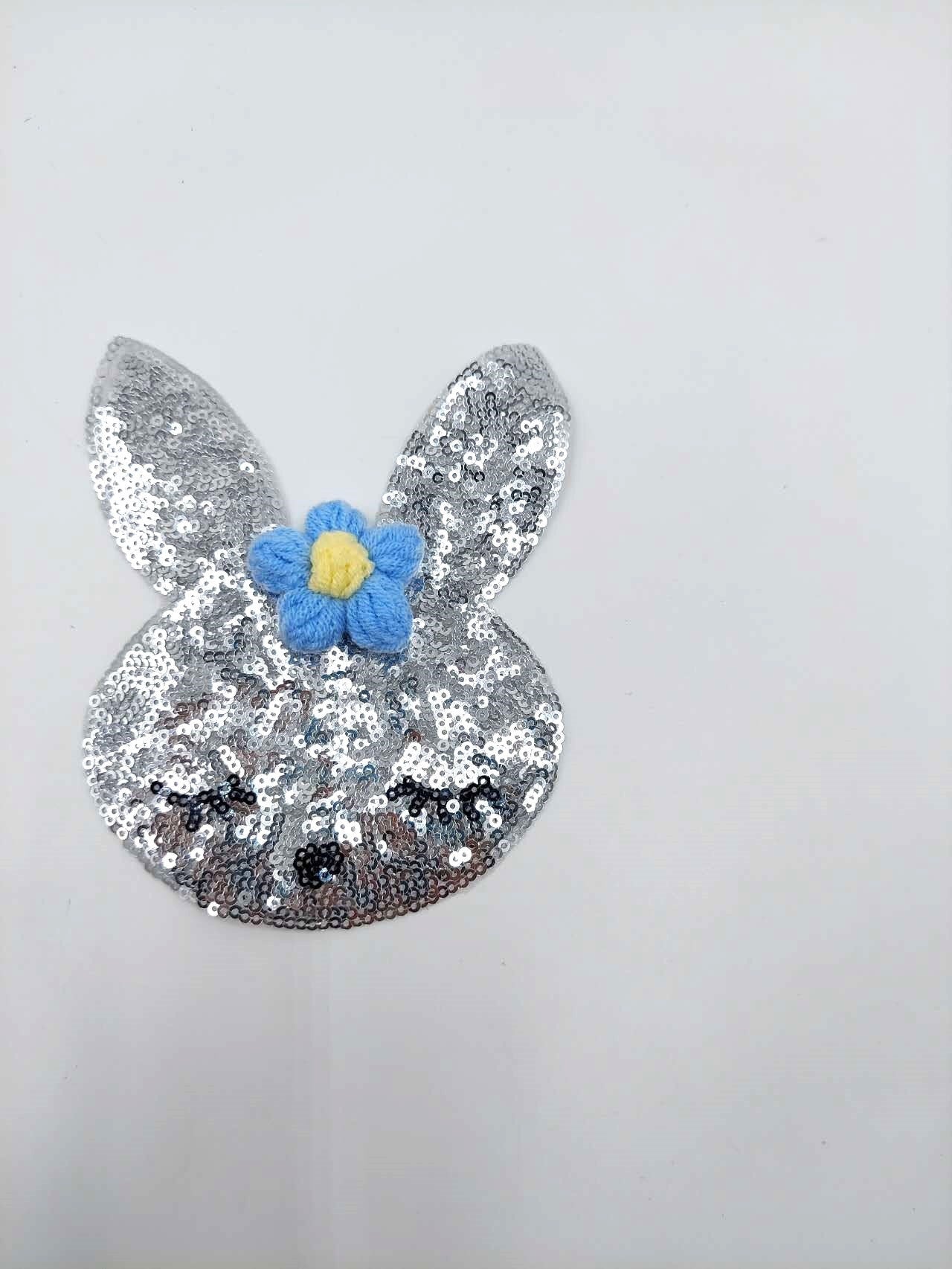 Silver Bunny with Pink or Blue Crochet Flowers Sequin Patches - Ships from USA