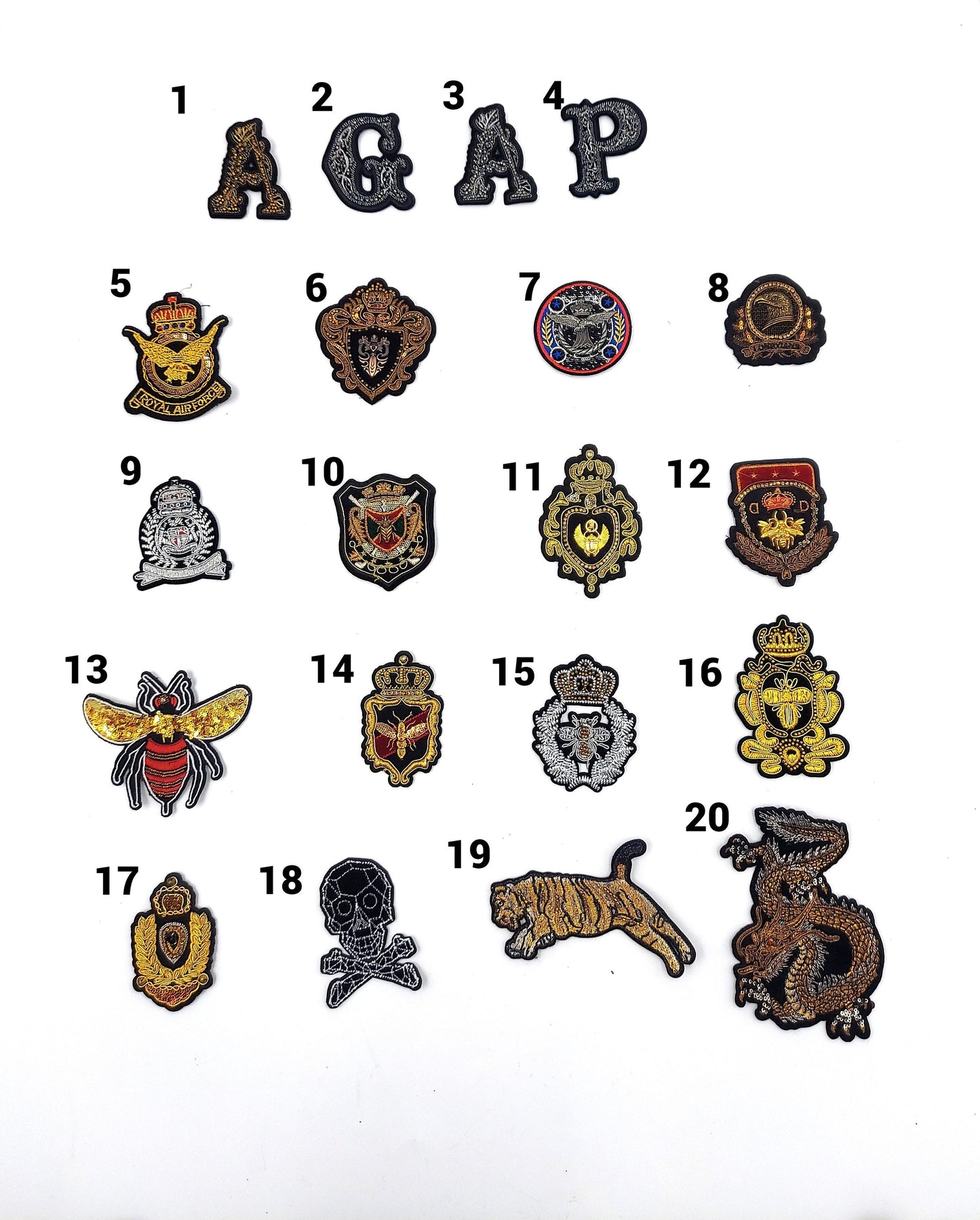Gold and Silver Badges, Bees, Tiger, Dragons Embroidery and Beading Patches - Ships from USA