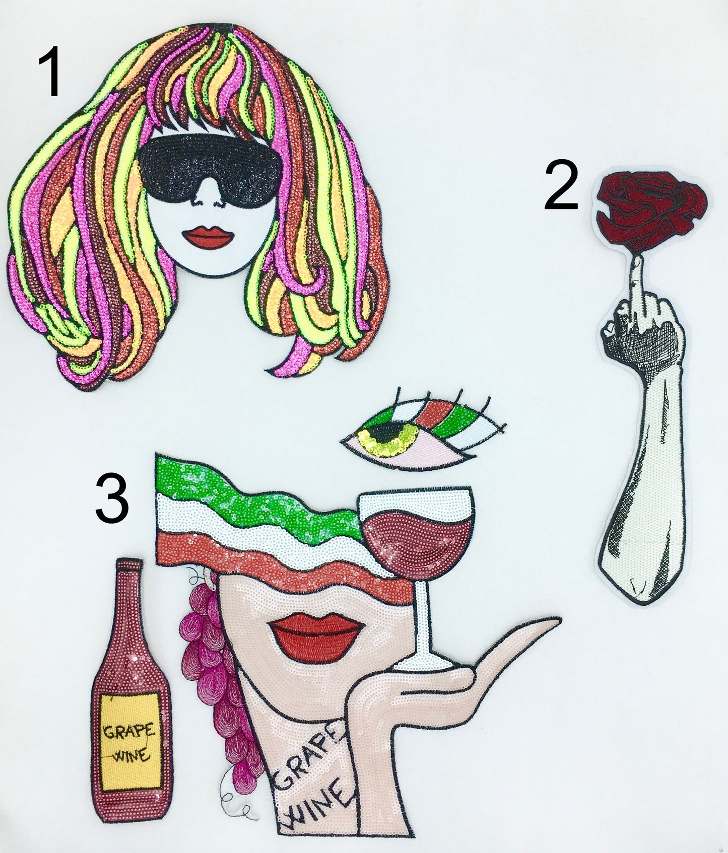 Sequin Lady in Shades, Hand and Rose, Wine Lady Patches - Ships from USA