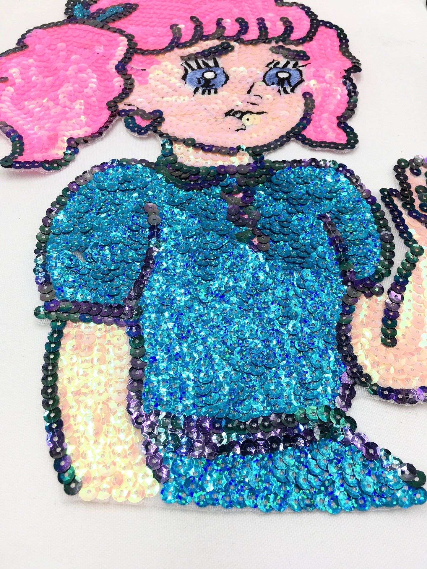 Sequin and Embroidery Hip Lady and Large Pink Hair Girl Patches - Ships from USA
