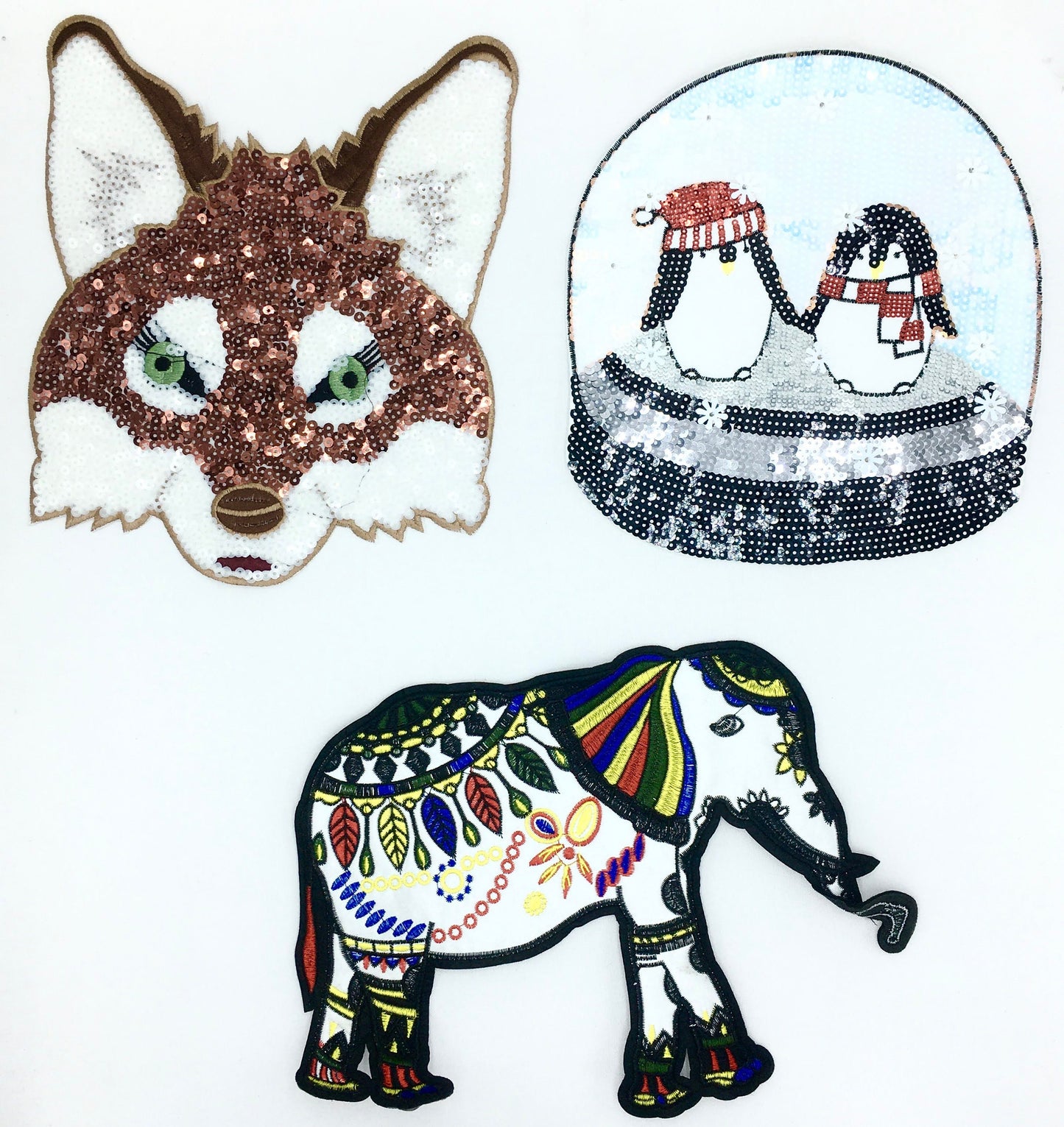 Sequin and Embroidery Brown Fox, Snow Globe, Decorated Elephant Patches - Ships from USA