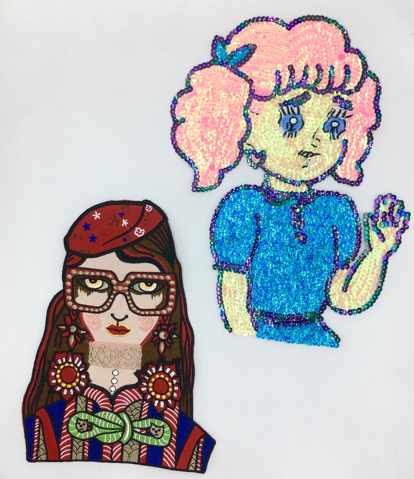 Sequin and Embroidery Hip Lady and Large Pink Hair Girl Patches - Ships from USA