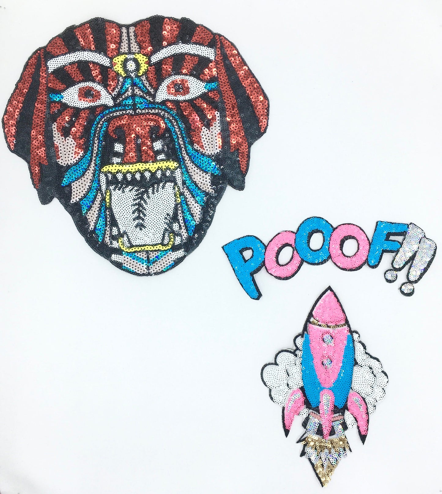 Sequin Aztec Dog and Poof Rocket Ship Patches - Ships from USA