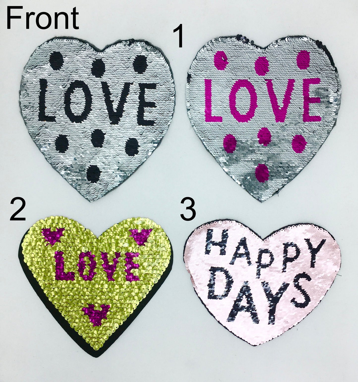 Sequin Heart LOVE and Happy Days Patches - Ships from USA