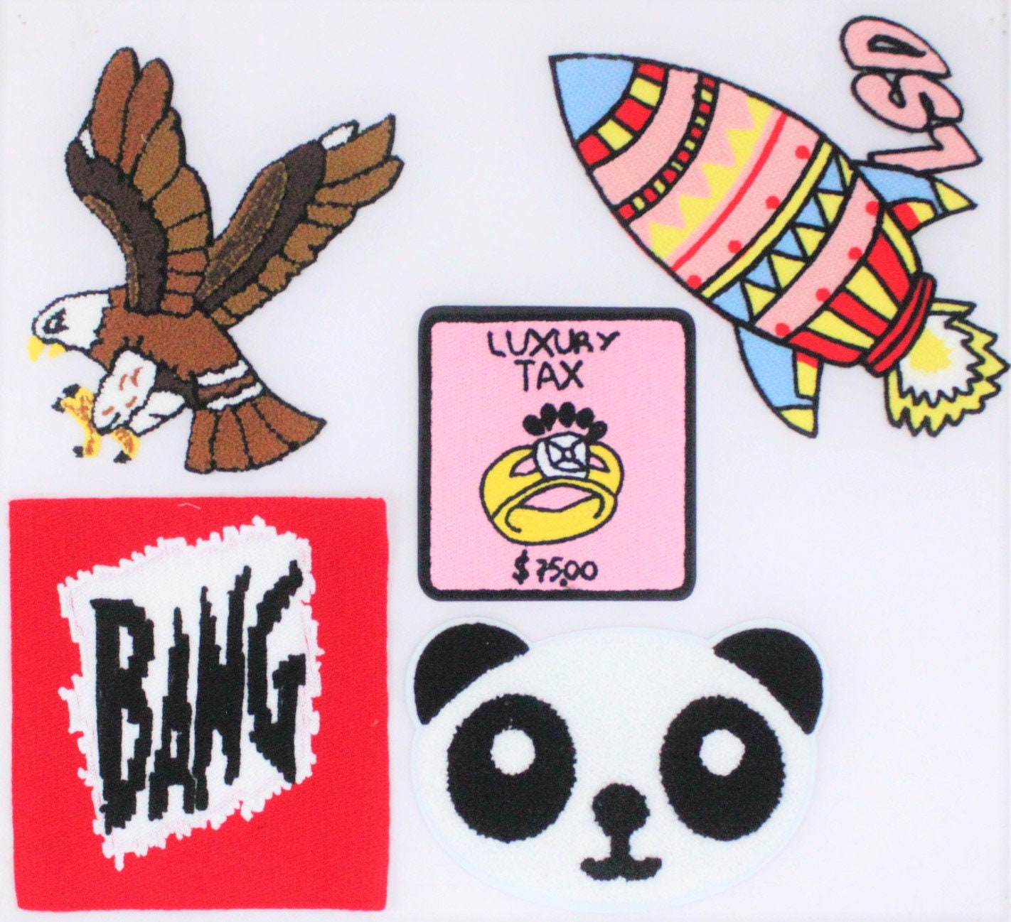 Chenille Patch: Colourful Patches Eagle, BANG, Luxury Tax, LSD Rocket, Panda - Ships from USA