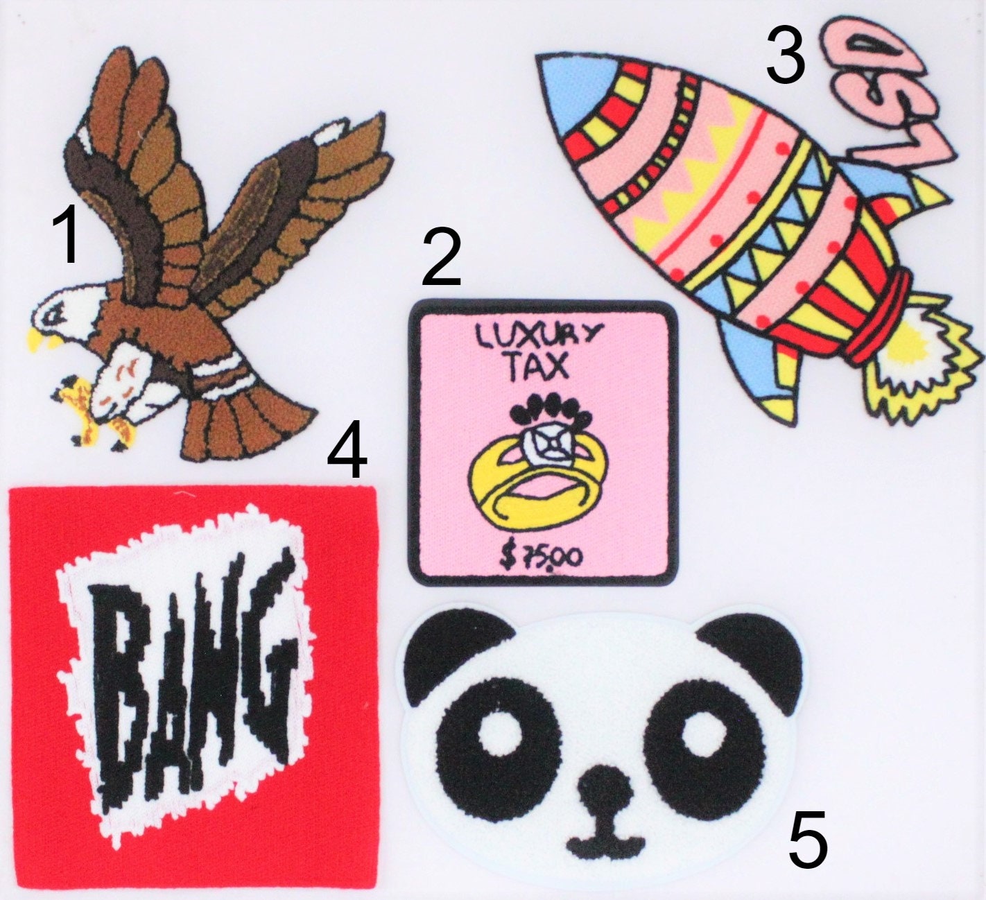 Chenille Patch: Colourful Patches Eagle, BANG, Luxury Tax, LSD Rocket, Panda - Ships from USA