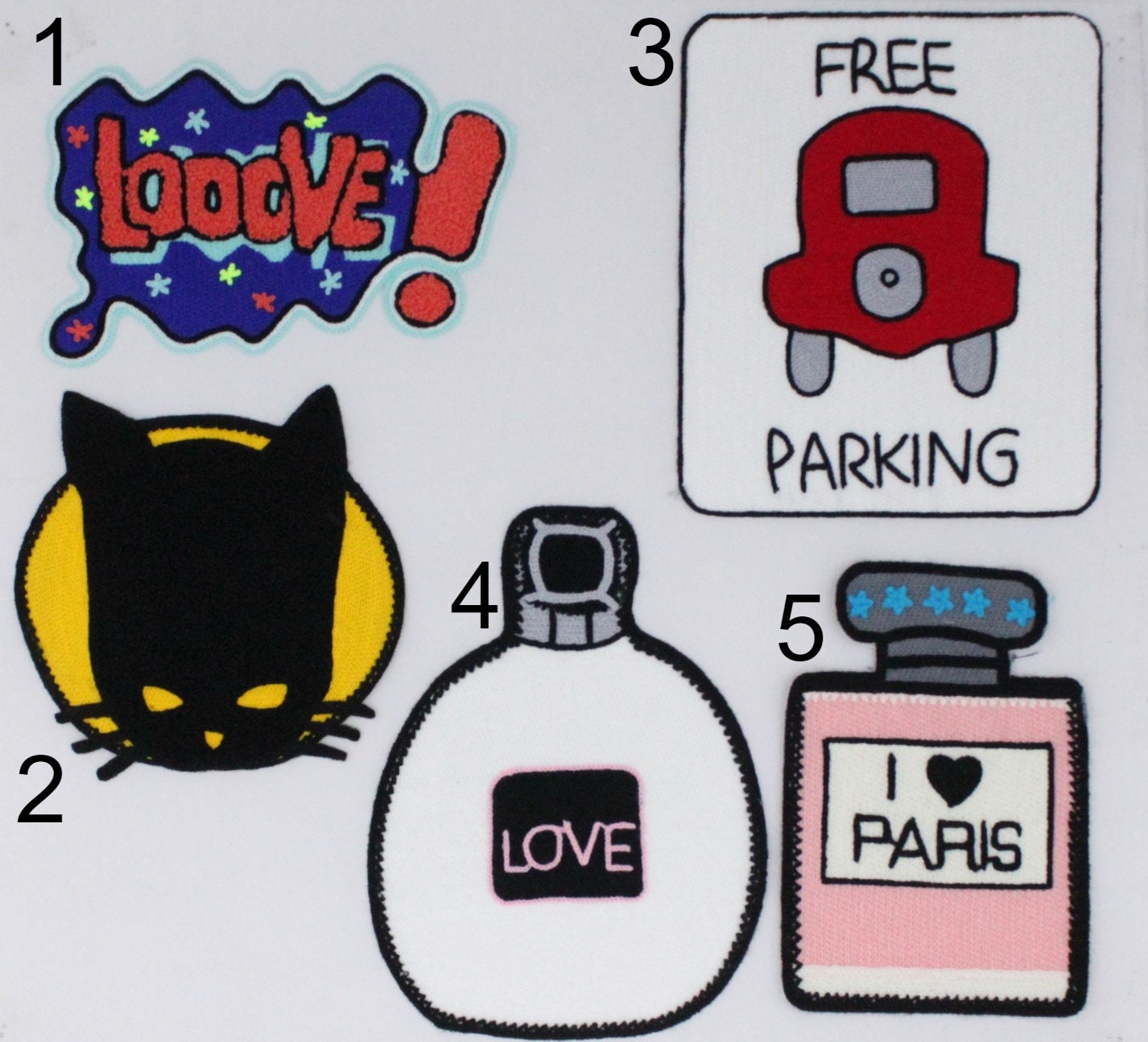 Chenille Patch: Colourful Patches Looove, Black Cat, Free Parking, Love Perfume, I heart Paris - Ships from USA
