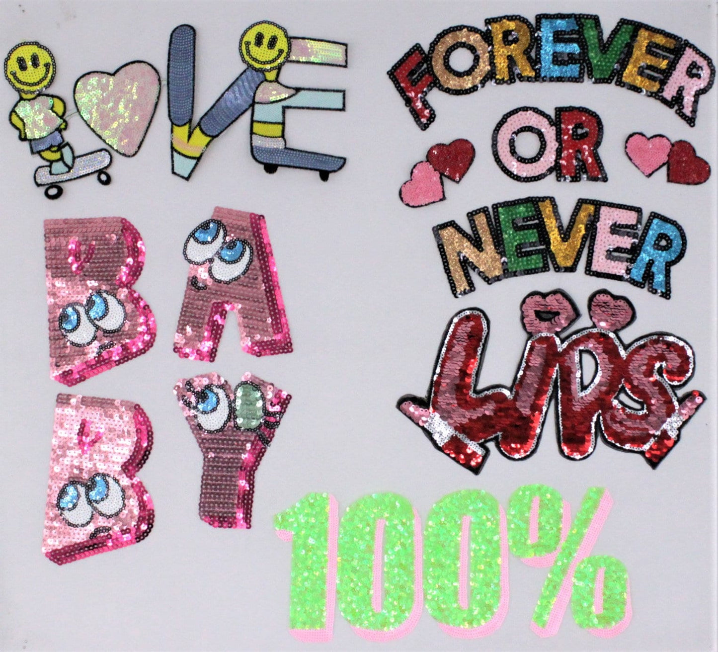 Sequin Skateboard Smiley Face Love Forever or Never Baby 100% Lips Sequin Patches - Ships from USA