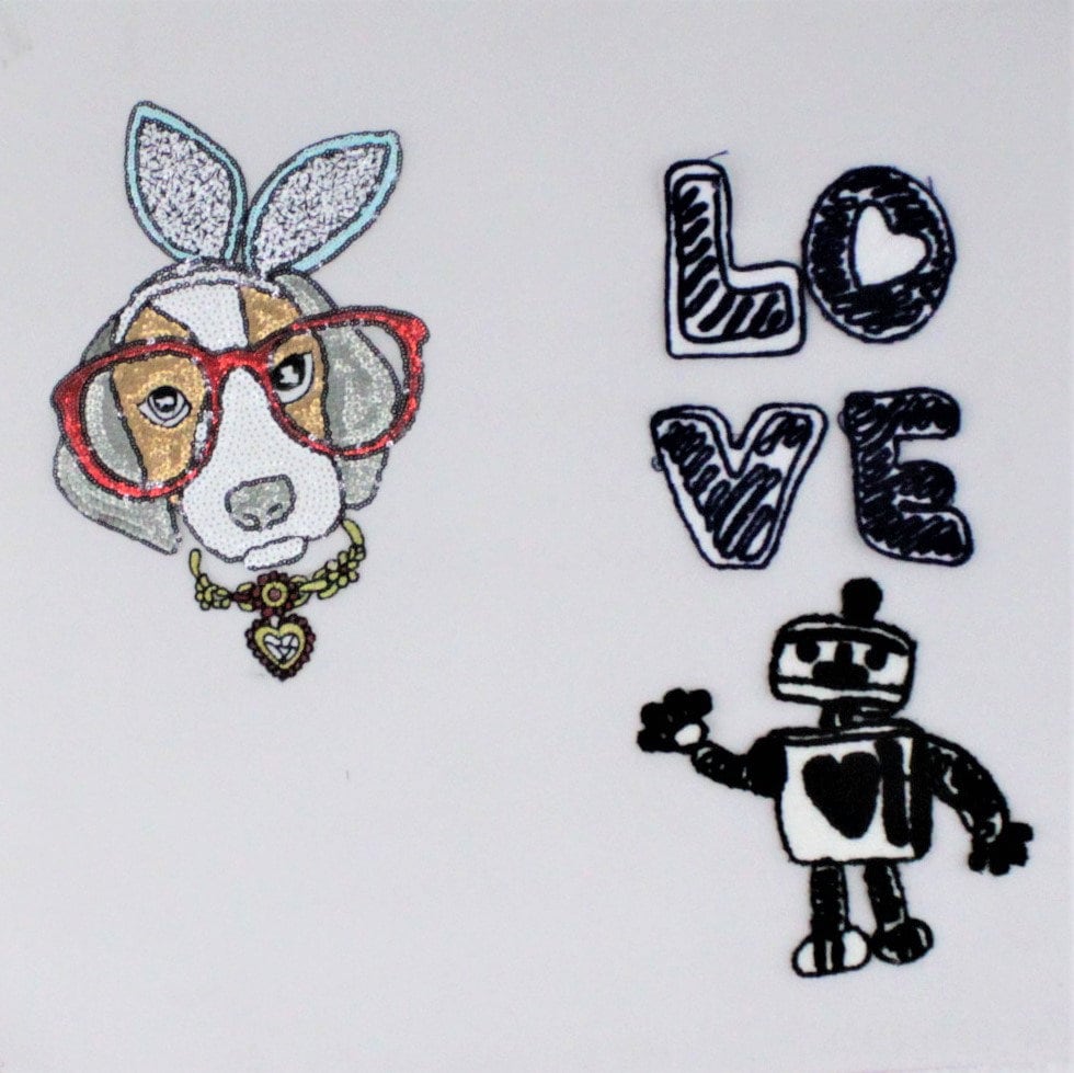 Sequin and Chenille Patches: Granny Dog, LOVE Robot - Ships from USA