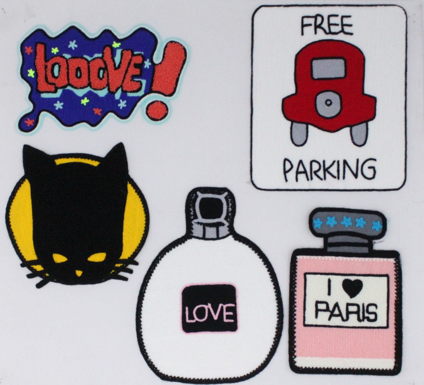 Chenille Patch: Colourful Patches Looove, Black Cat, Free Parking, Love Perfume, I heart Paris - Ships from USA