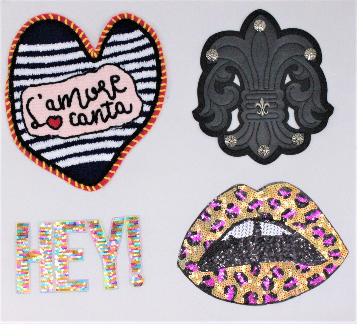 Sequin, Chenille and Pleather Patches: L'amore Conta Heart, Fleur de Lis, Rainbow HEY! and Leopard Lips - Ships from USA