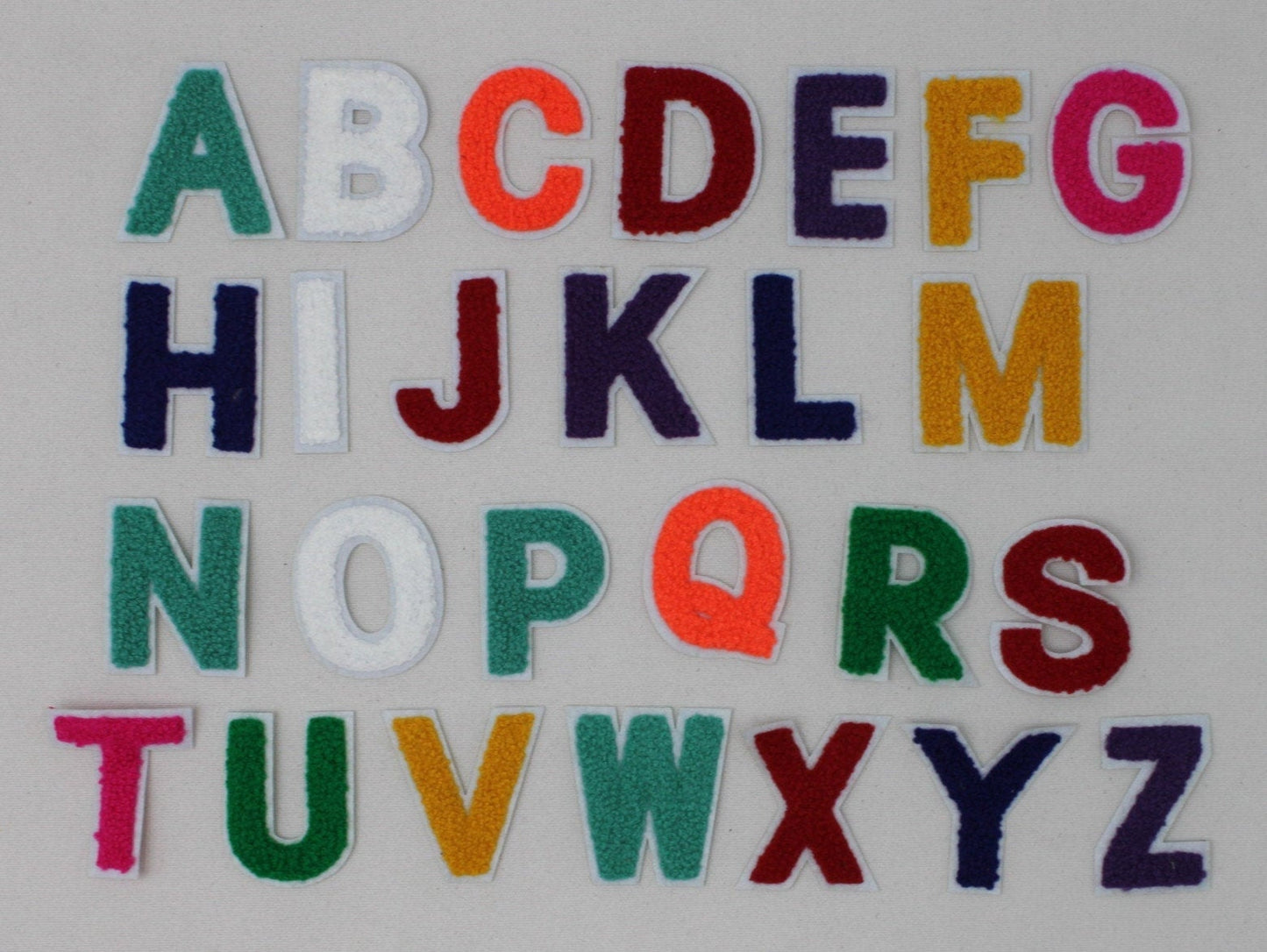 2 Inch Chenille Letters - Multiple Colors, White Background