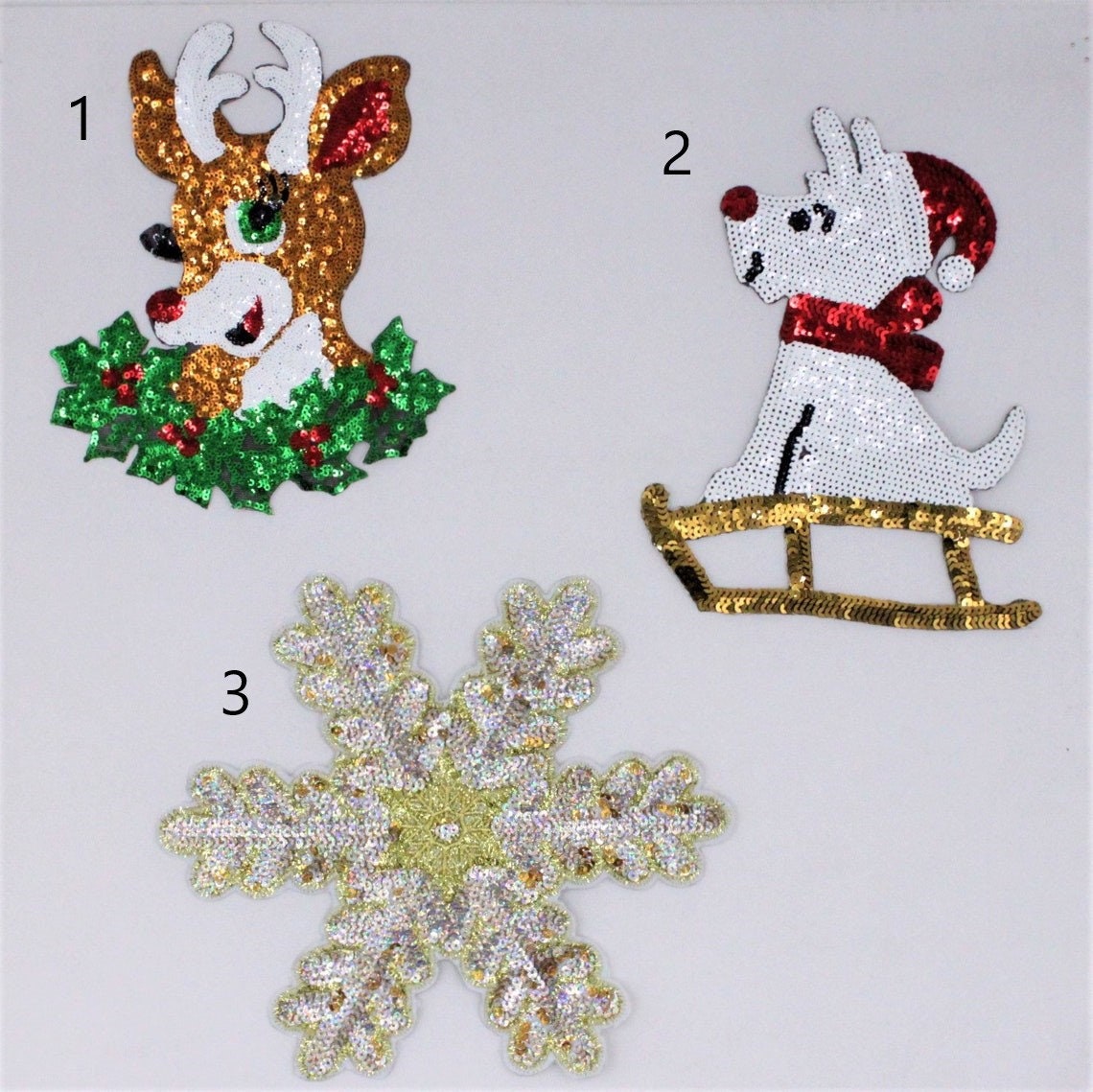 Sequin Christmas Patches Snowflake Deer and Puppy on Sleigh- Ships from USA