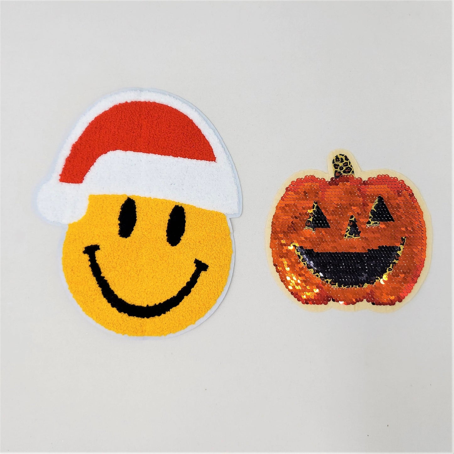Sequin and Chenille Santa Hat Smiley Face and Pumpkin Patches - Ships from USA