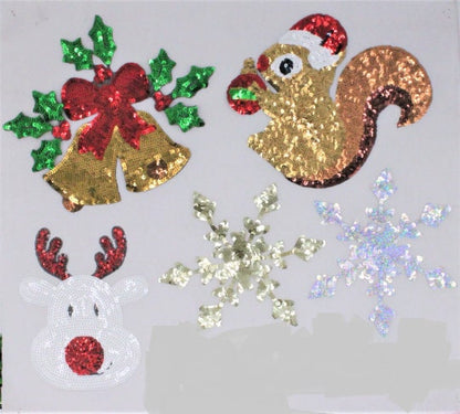 Sequin Christmas Patches Bells, Squirrel, Deer, Snowflakes - Ships from USA