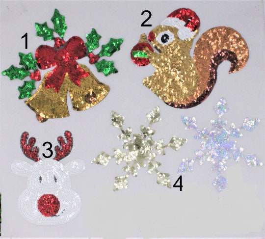 Sequin Christmas Patches Bells, Squirrel, Deer, Snowflakes - Ships from USA