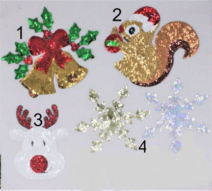Sequin Christmas Patches Bells, Squirrel, Deer, Snowflakes - Ships from USA