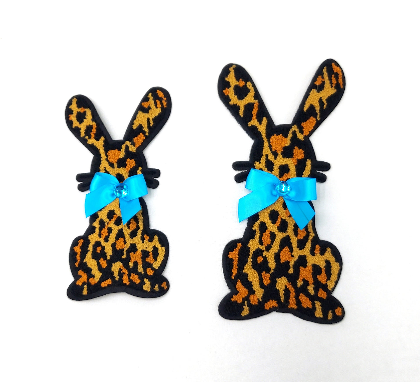 Chenille Patch: Cheetah Print Bunnies with Blue Bows Large and Small - Ships from USA