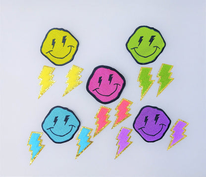 Embroidering and Chenille Lightning Flash Happy Faces Iron On Patches - Ships from USA