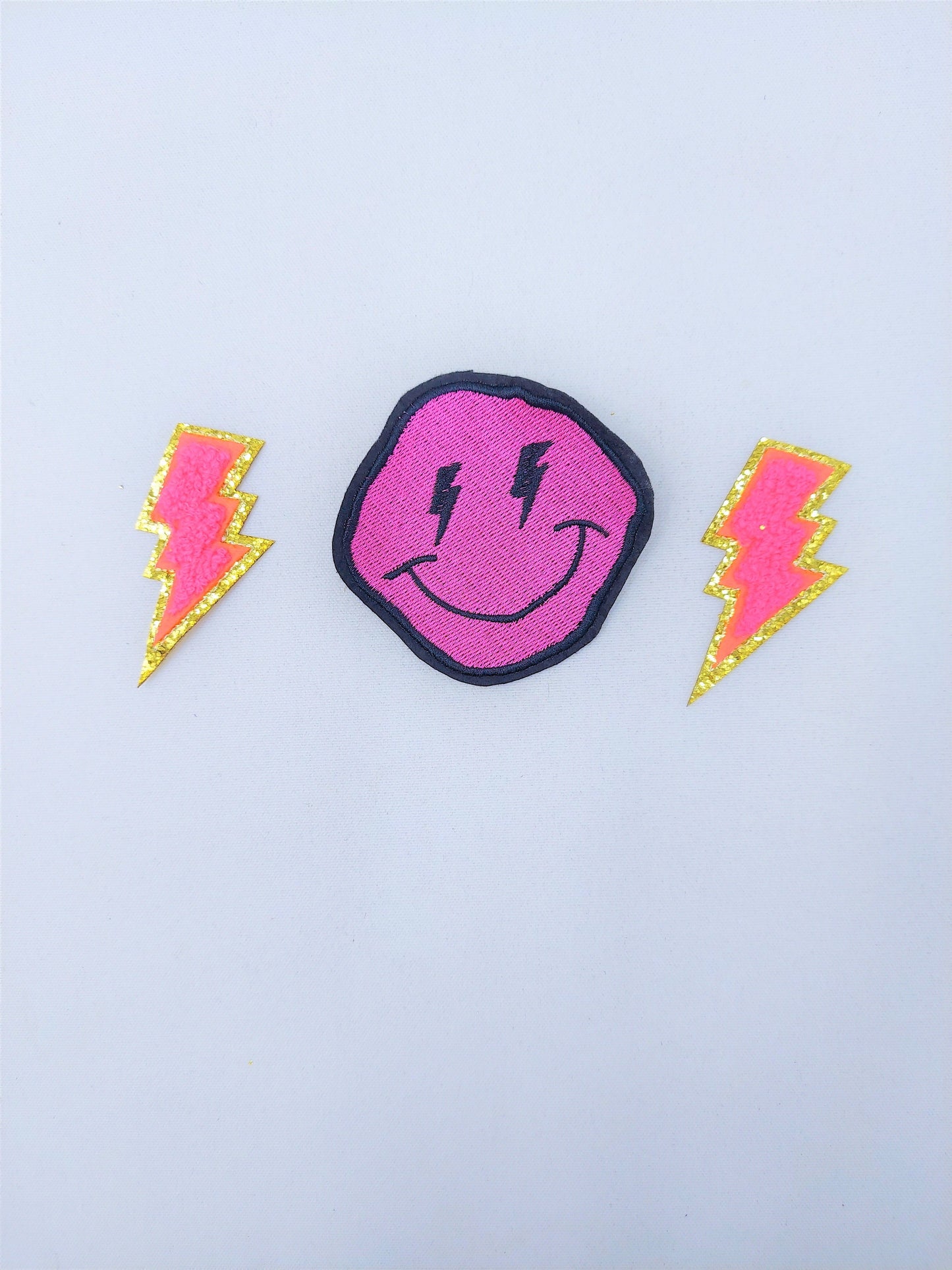 Embroidering and Chenille Lightning Flash Happy Faces Iron On Patches - Ships from USA