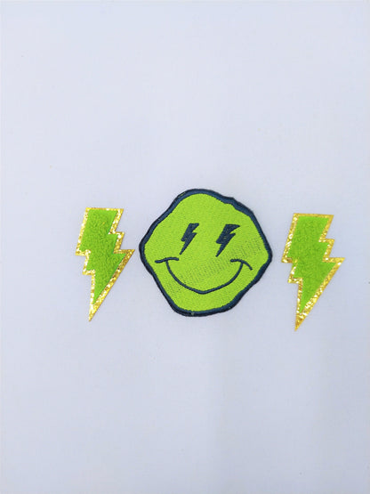 Embroidering and Chenille Lightning Flash Happy Faces Iron On Patches - Ships from USA