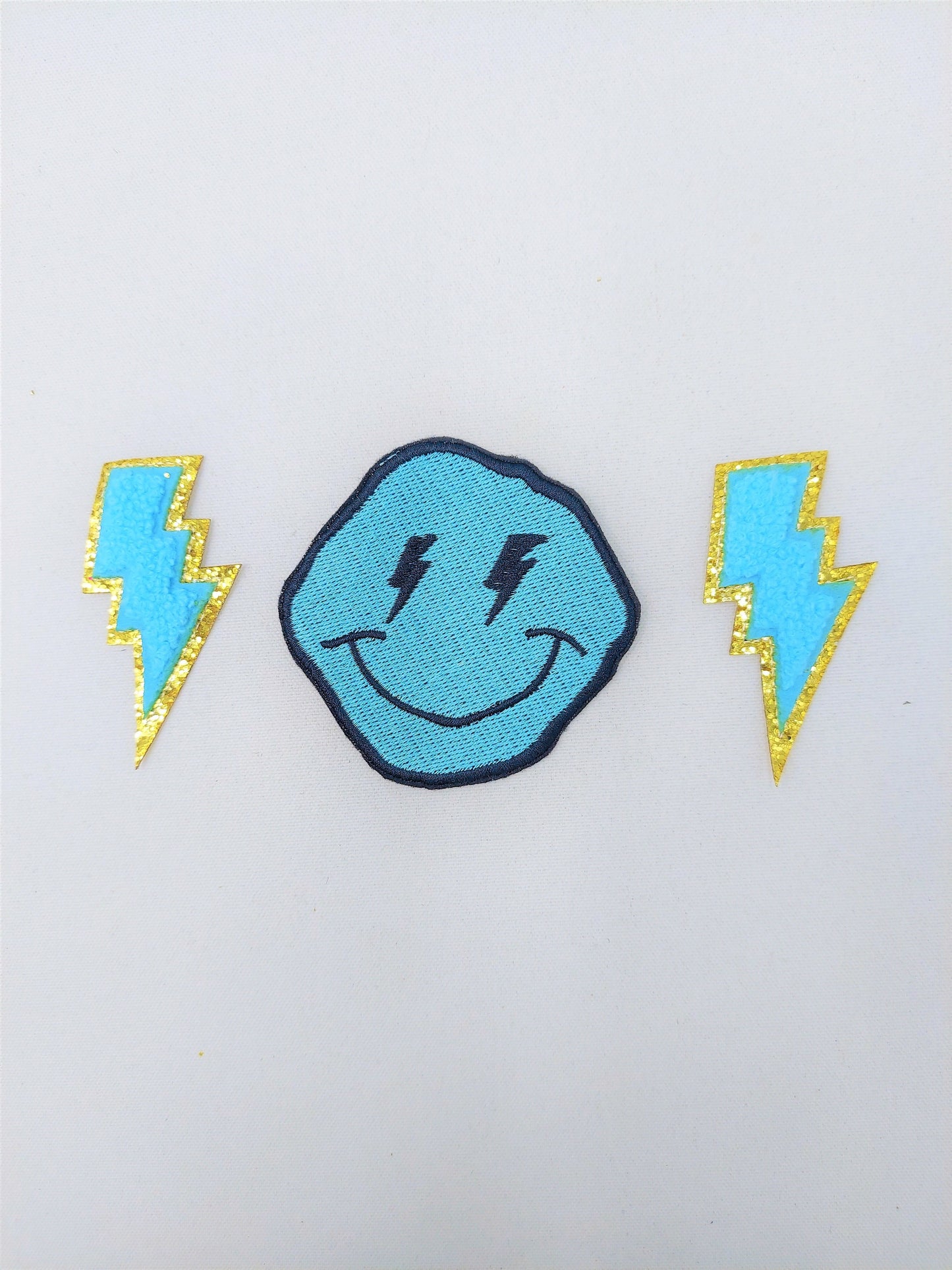 Embroidering and Chenille Lightning Flash Happy Faces Iron On Patches - Ships from USA