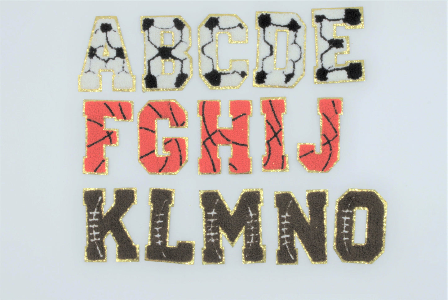3 Inch Chenille Letters with Gold Glitter Border Basketball Soccer American Football Sport: Pick Your Letter