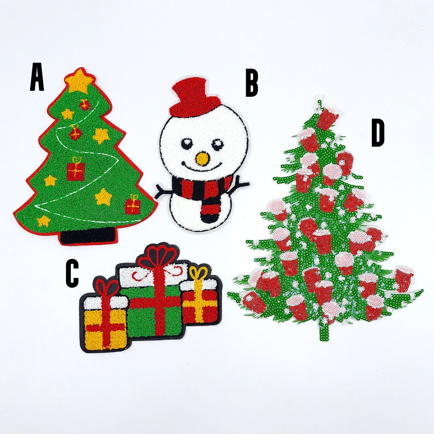 Chenille and Sequin Christmas Tree, Snowman, Christmas Gift Boxes - Ships from USA