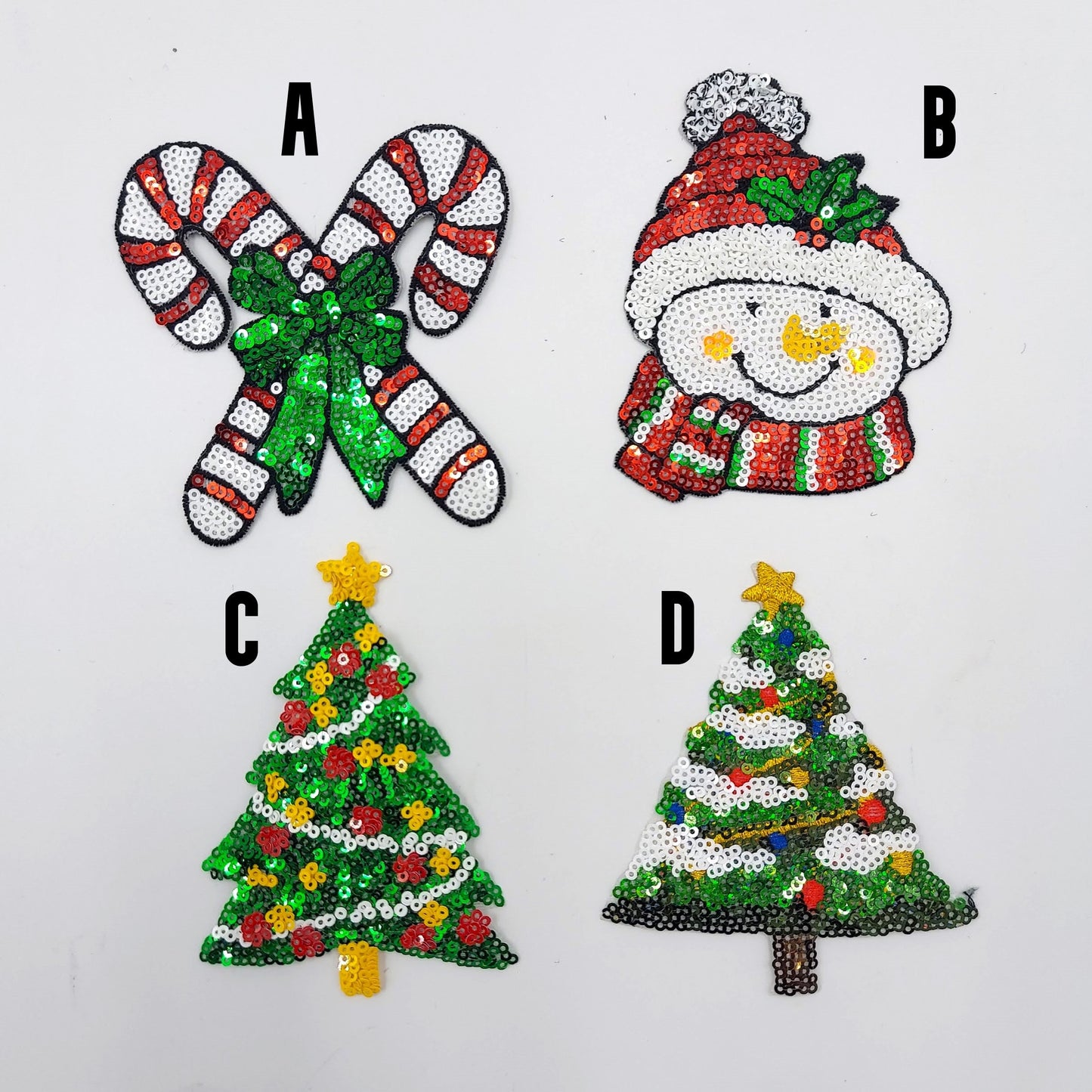 Set of 2: Sequin and Embroidery Snowman Candy Canes Christmas Trees Patches - Ships from USA