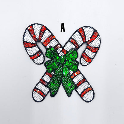 Set of 2: Sequin and Embroidery Snowman Candy Canes Christmas Trees Patches - Ships from USA