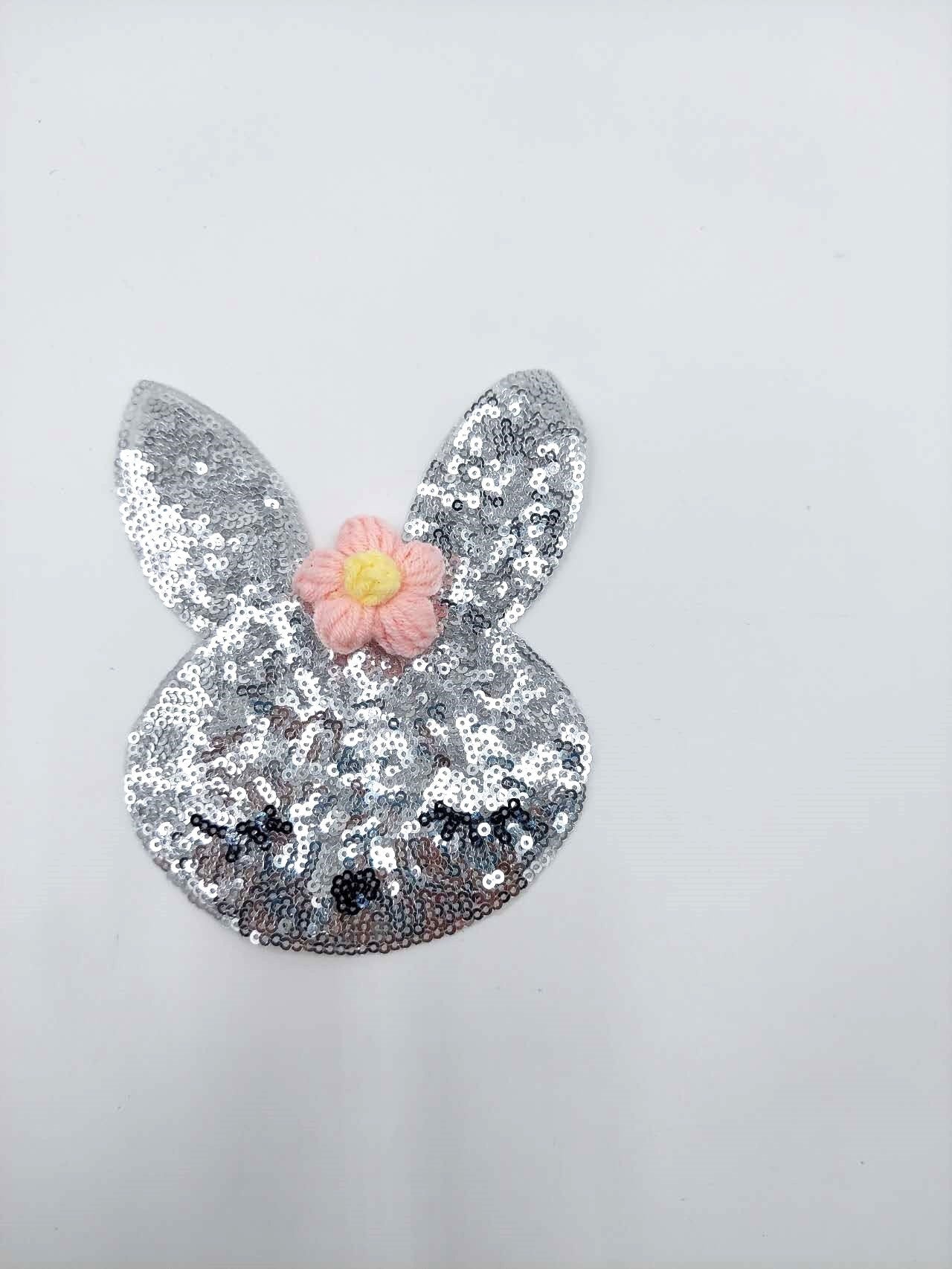 Silver Bunny with Pink or Blue Crochet Flowers Sequin Patches - Ships from USA