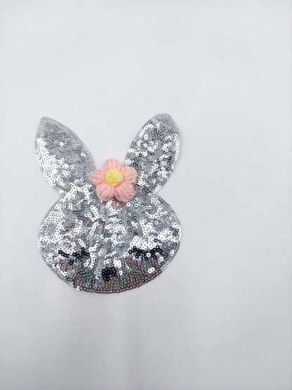 Silver Bunny with Pink or Blue Crochet Flowers Sequin Patches - Ships from USA