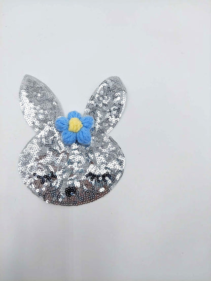 Silver Bunny with Pink or Blue Crochet Flowers Sequin Patches - Ships from USA