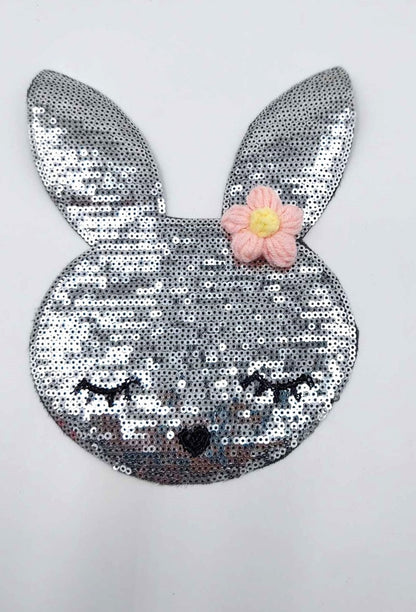 Silver Bunny with Pink or Blue Crochet Flowers Sequin Patches - Ships from USA