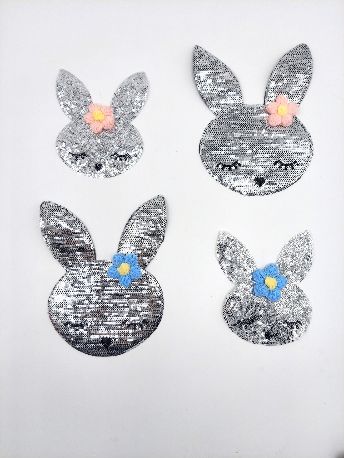 Silver Bunny with Pink or Blue Crochet Flowers Sequin Patches - Ships from USA