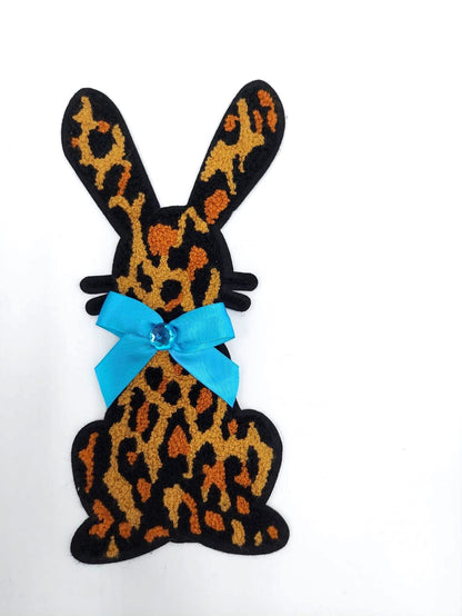 Leopard Print Rabbit with Blue Ribbon Bow Ties Chenille Patch - Ships from USA