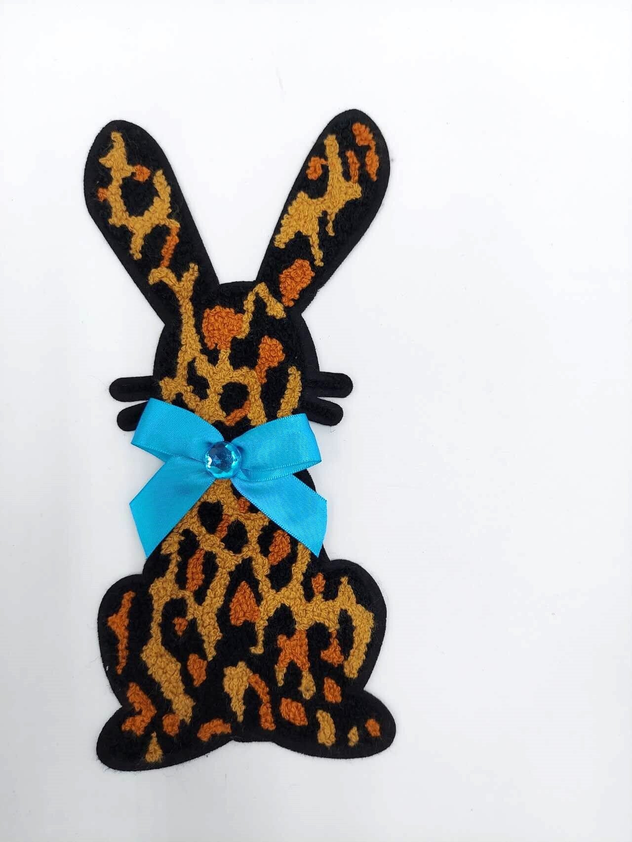 Leopard Print Rabbit with Blue Ribbon Bow Ties Chenille Patch - Ships from USA