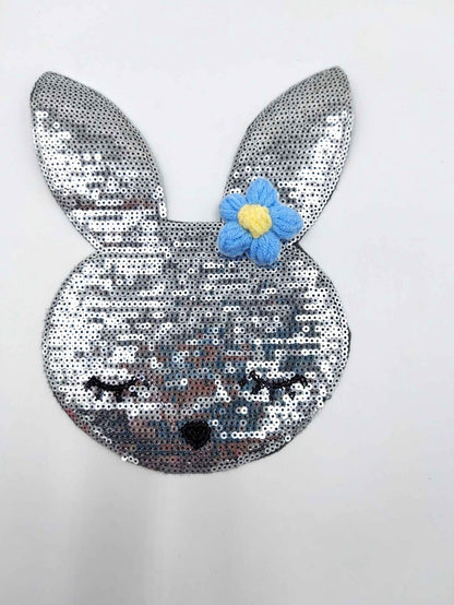 Silver Bunny with Pink or Blue Crochet Flowers Sequin Patches - Ships from USA