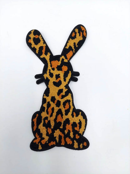 Leopard Print Rabbit with Blue Ribbon Bow Ties Chenille Patch - Ships from USA