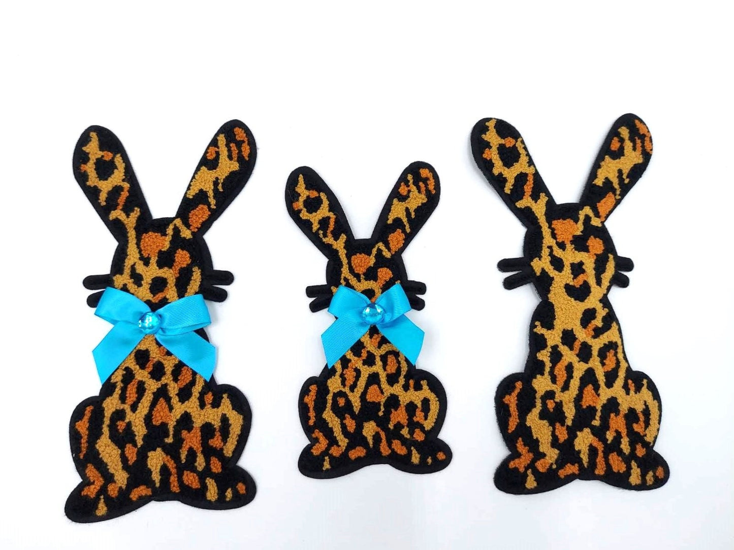 Leopard Print Rabbit with Blue Ribbon Bow Ties Chenille Patch - Ships from USA