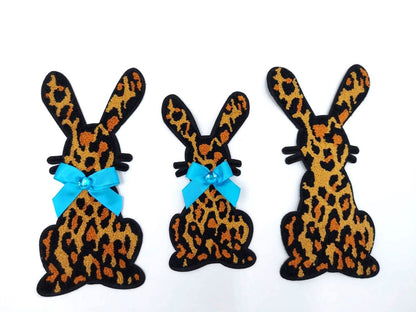 Leopard Print Rabbit with Blue Ribbon Bow Ties Chenille Patch - Ships from USA