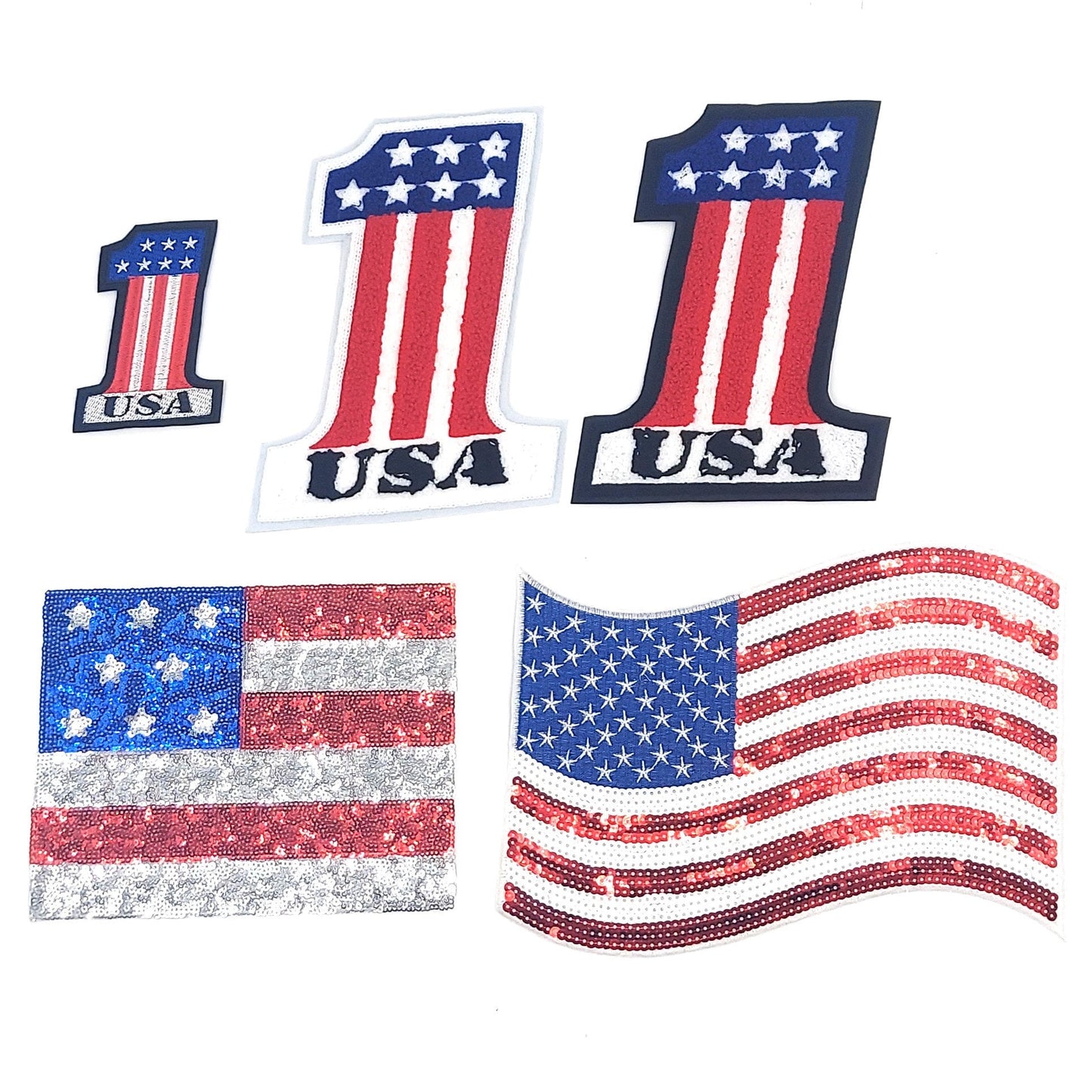 Sequin Chenille and Embroidered USA American Flag Number 1 Patches - Ships from USA