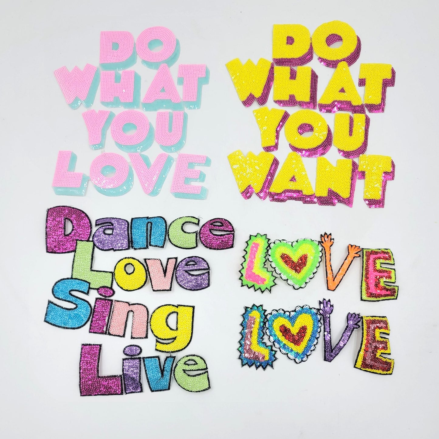 Sequin LOVE, Do What You Want, Do What You Love and Dance Love Sing Live Patches - Ships from USA