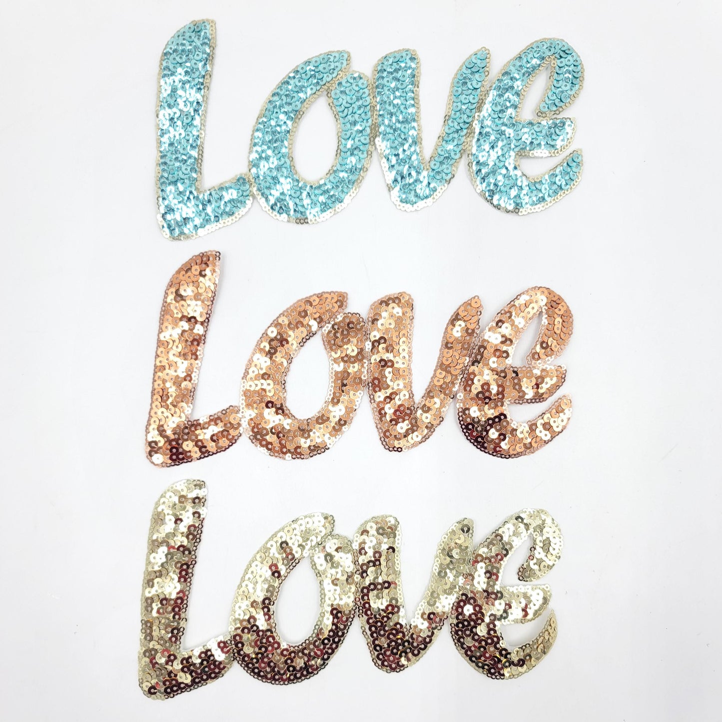 Sequin Love Word Patch Blue, Pink and Gold - Ships from USA